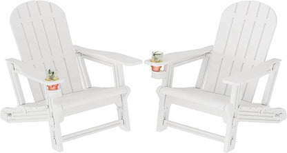 Shintenchi Adirondack Chairs Set of 2,HDPE Adirondack Chairs w/Removable Tablelop & Umbrella Hole,All-Weather Wooden Textured Plastic Outdoor Chairs w/Cup Holders for Garden Backyard Pool,White
