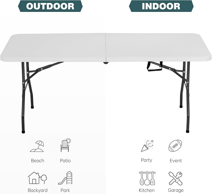 FDW | 6FT Folding Table | White | Portable Plastic Table | with Carry Handle | Waterproof & Foldable Table Design | Steel Frame with Lock | for Events, Camping, Indoor & Outdoor Use
