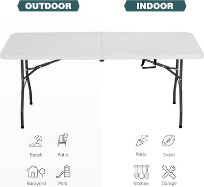 FDW | 6FT Folding Table | White | Portable Plastic Table | with Carry Handle | Waterproof & Foldable Table Design | Steel Frame with Lock | for Events, Camping, Indoor & Outdoor Use