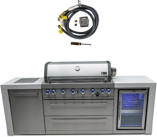 Mont Alpi MAi805-DFC-NG 6-Burner 115000 BTU Deluxe Stainless Steel Modular Outdoor Kitchen Island Grill with MANGK Natural Gas Conversion Kit + Fridge Cabinet, Granite Countertops & 2 Infrared Burners