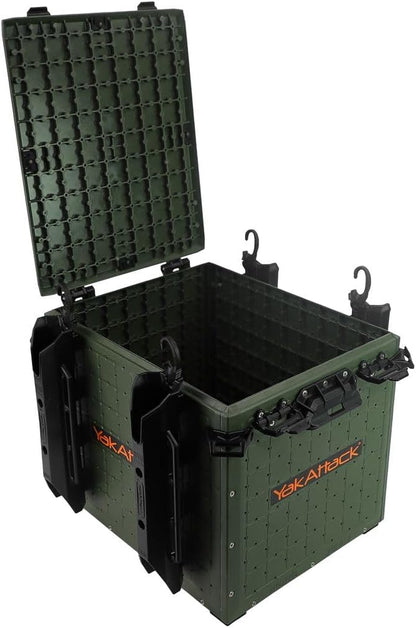 YakAttack BlackPak Pro Kayak Fishing Crate - Ranger Green | 13" x 16" Riggable Kayak Gear Storage System with Hinged Lid, GridLoc Mount Panels & 4 TetherTube Rod Holders | Lightweight Tankwell Crate