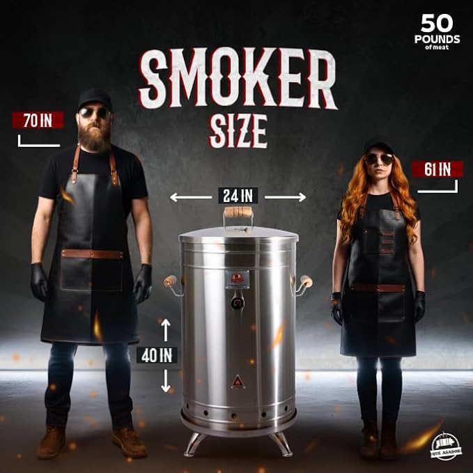 (50 Pound) 2-in-1 Smoker Barrel Vertical Grill - Premium 304 Stainless Steel - Big Barril Charcoal BBQ Thermometer & Ventilation - Cooking Accessories Meat Kit - Portable Outdoor, Camping - QUE ASADOR