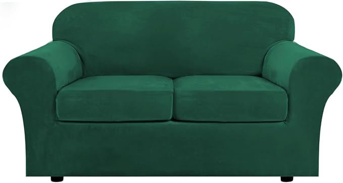 H.VERSAILTEX Real Velvet Plush 3 Piece Stretch Sofa Covers Couch Covers for 2 Cushion Couch Loveseat Covers Width Up to 72 Inch Feature Thick Soft Stay in Place (Medium Sofa, Vintage Green)