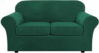 H.VERSAILTEX Real Velvet Plush 3 Piece Stretch Sofa Covers Couch Covers for 2 Cushion Couch Loveseat Covers Width Up to 72 Inch Feature Thick Soft Stay in Place (Medium Sofa, Vintage Green)