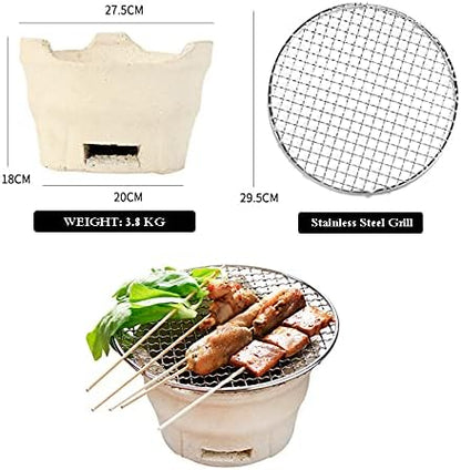 Clay Charcoal Barbecue Grill, Outdoor Table Grill with Stainless Steel Barbecue Net, Old Fashioned Clay Stove for Party Camping Picnic Carbon Furnace,Brown, White