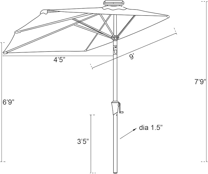 C-Hopetree 9 ft Half Round Outdoor Patio Market Wall Umbrella with Solar LED Lights and Tilt