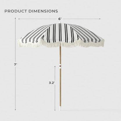 6FT Striped Fringe Beach Umbrella, Sand Anchor, UPF 50+ Sun Shade | Adjustable Tilt & Portable Design, Coastal Umbrella for Beach & Patio, Heritage Black Stripe