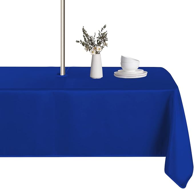 LUSHVIDA Rectangle Outdoor Tablecloth with Umbrella Hole and Zipper, 60x84 Inch Blue, Washable Waterproof Table Cloth Spill Proof Wrinkle Free Table Cover for Patio Spring Summer Picnic BBQS