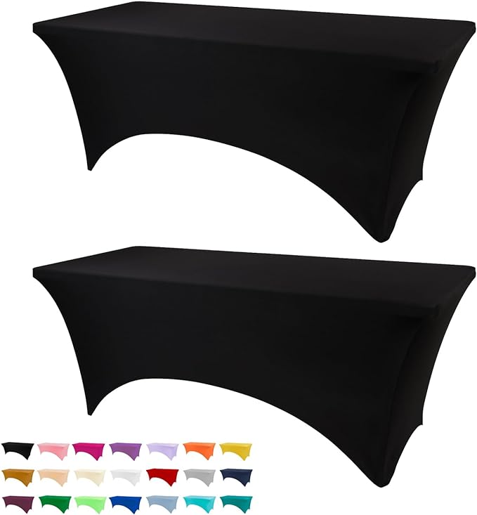 BDDC 6ft Black Stretch Spandex Fitted Table Cloth for 6 Foot Tables | GRS-Certified Eco-Friendly Fabric, Elastic Fit Rectangle Tablecloth, Washable, Wrinkle-Free, For Events & Parties
