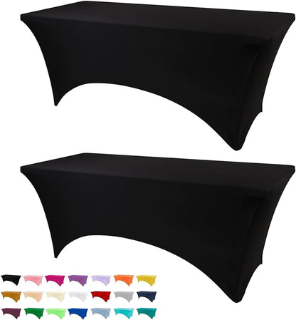 BDDC 6ft Black Stretch Spandex Fitted Table Cloth for 6 Foot Tables | GRS-Certified Eco-Friendly Fabric, Elastic Fit Rectangle Tablecloth, Washable, Wrinkle-Free, For Events & Parties