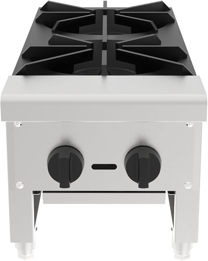 Commercial 2 Burner Countertop Stove Range, NG/LP Convertible, Stainless Steel Hot Plate with Cast Iron Grates, 56,000 BTU Professional Restaurant Foodservice Cooking Equipment Cooker