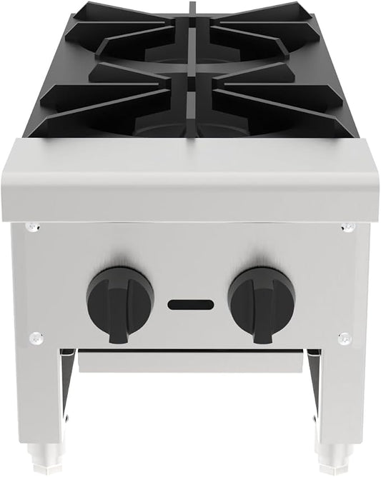 Commercial 2 Burner Countertop Stove Range, NG/LP Convertible, Stainless Steel Hot Plate with Cast Iron Grates, 56,000 BTU Professional Restaurant Foodservice Cooking Equipment Cooker