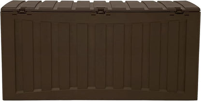 Ram Quality Products Plastic 90 Gallon Outdoor Lockable Backyard Storage Bin Deck Box for Cushions, Pool Accessories, and Towels, Brown