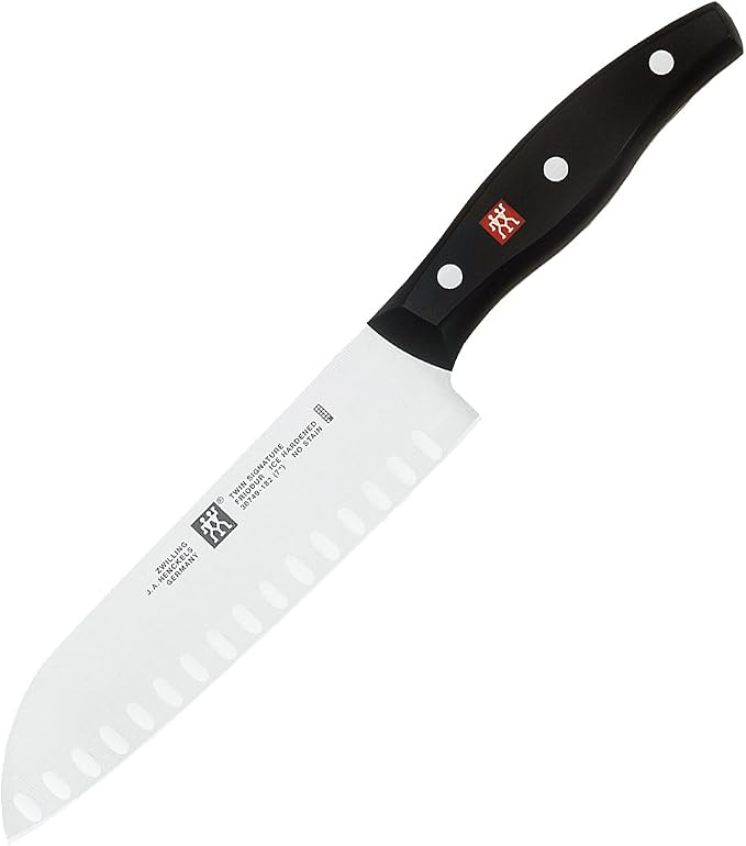 ZWILLING Twin Signature 7-inch Razor-Sharp German Hollow Edge Santoku Knife, Made in Company-Owned German Factory with Special Formula Steel perfected for almost 300 Years, Dishwasher Safe