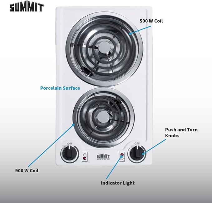 Summit 12" 2 Burner Electric Cooktop. 115 Volt Coil Electric Cooktop, ADA compliant, White- CCE211WH