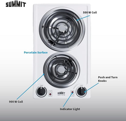 Summit 12" 2 Burner Electric Cooktop. 115 Volt Coil Electric Cooktop, ADA compliant, White- CCE211WH