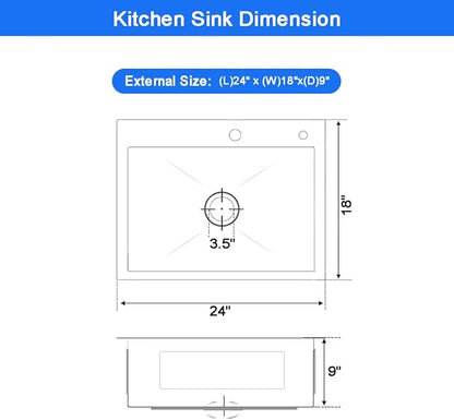 24 x 18 Inch Modern Drop In Kitchen Bar Sink, 304 Stainless Steel Black Single Bowl Topmount Sink, Nano Laundry RV Deep Workstation Sinks with Drain Strainer & Grid