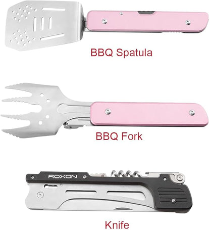 ROXON S601 14" 6 in 1 MBT3 Folding Grill Utensils Set Fork Spatula Grilling Knife Tongs Opener for Backyard Barbecue and Camping (Pink)