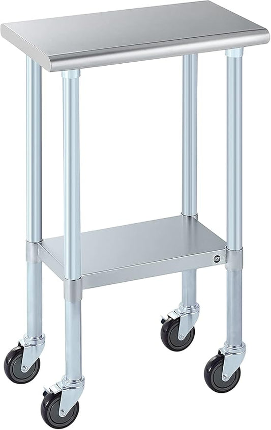 ROCKPOINT Stainless Steel Table for Prep & Work with Caster Wheels 14x24 Inches, NSF Metal Commercial Kitchen Heavy Duty Table with Adjustable Under Shelf and Table Foot for Restaurant, Home and Hotel