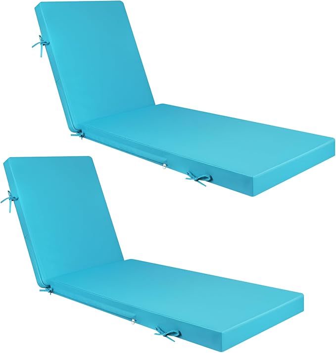 Fabuday Chaise Lounge Chair Cushions for Outdoor Furniture - 72 x 21 x 3 Inch Waterproof Patio Pool Sunbrella Lounger Pads Replacement with Removable Cover, Teal, Set of 2