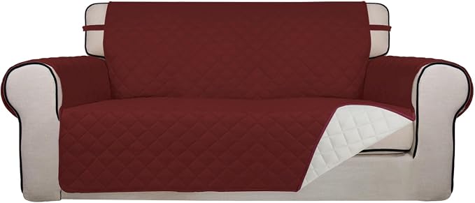 PureFit Reversible Quilted Couch Covers for Dogs Loveseat Sofa Cover 54" | Red/Ivory, Water Resistant Couch Protector, Washable Pet Couch Cover with Non Slip and Elastic Straps For Kids