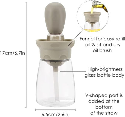Oil Dispenser Bottle with Brush - 2 IN 1 Glass Olive Oil Storage and Container with Silicone Basting Brush for Kitchen BBQ Grilling Baking and Cooking, T-OB22, Grey