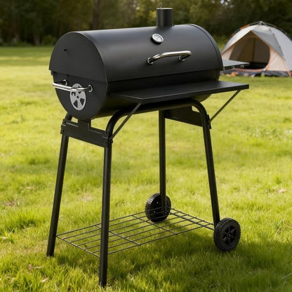 Black Charcoal Grill With Side Table, Mobile BBQ Grill With Wheels, Outdoor Charcoal Barbecue Grill with Wheels for Garden, Camping,Outdoor Grilling Station, Barbecue With Side Table (39INCH)