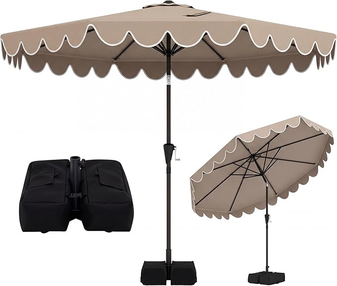 Tangkula 10 FT Patio Umbrella with Base Included, 2-Tiers Outdoor Scalloped Table Umbrella with 2 Sandbags, Tilt Adjustment, Crank, 8 Ribs for Market Backyard Pool Deck Beach Lawn