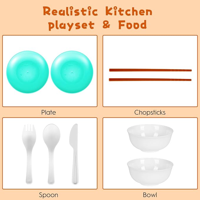 60Pcs Kids Mini Play Kitchen Accessories, Pretend Cooking Play Set with Cookware, Tableware & Fruit & BBQ Sets, Learning Gift for Boys, Girls, Toddlers,Green
