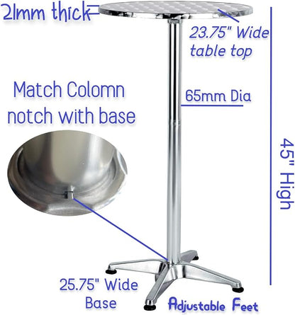 Set of 2, Aluminum Indoor Outdoor 23.75" Round Restaurant Bar Height 45" Table flip top, Patio Stainless Steel Silver Furniture 25.75" Base
