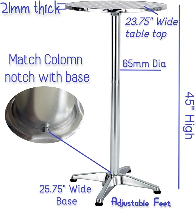 Aluminum Indoor Outdoor 23.75" Round Restaurant Bar Height 45" Table flip top, Patio Stainless Steel Silver Furniture 25.75" Base