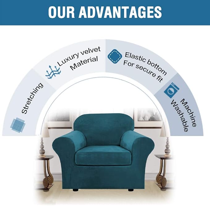 H.VERSAILTEX Rich Velvet Stretch 2 Piece Cover Chair Slipcover Sofa Cover Furniture Protector Couch Soft with Elastic Bottom Chair Couch Cover with Arms Width Up to 49 Inch(Chair, Deep Teal)