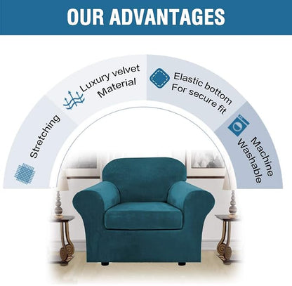H.VERSAILTEX Rich Velvet Stretch 2 Piece Cover Chair Slipcover Sofa Cover Furniture Protector Couch Soft with Elastic Bottom Chair Couch Cover with Arms Width Up to 49 Inch(Chair, Deep Teal)