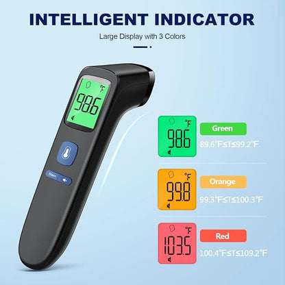 No-Touch Thermometer for Adults, Kids, Babies, 1-Sec Fast Accurate (Black) | Fever Alarm, Large LCD with 3-Color Backlight, Silent Mode, 35-Reading Memory, Forehead & Object Mode, for Home & Clinic