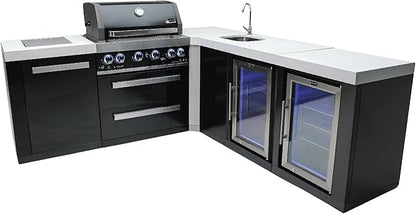 Mont Alpi Premium 82"W x 88"D Black Stainless Steel Modular L-shaped Outdoor Kitchen Island with 2 Refrigerators + Beverage Center Faucet & Sink + 32"W 4-Burner BBQ Grill + Storage Cabinets & Drawers