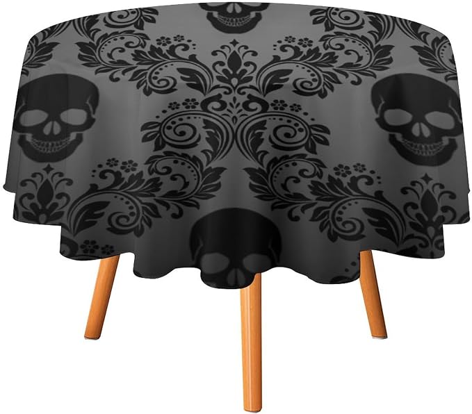 Gothic Black Damask Round Tablecloth, Vintage Floral Exotic Suger Skull Bohemian Antique Victorian Table Cloth Water Resistant Table Cover for Farmhouse Party Holiday Kitchen Dinner Table 70"