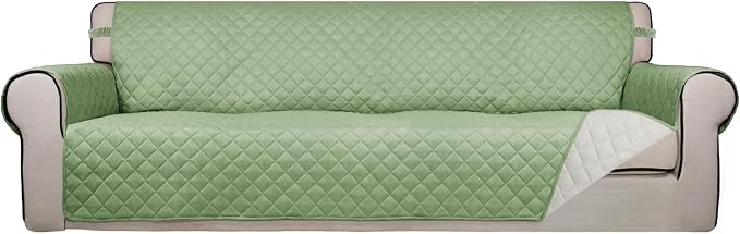 PureFit Reversible Quilted Couch Covers for Dogs Sofa Cover 4 Seater 88" | Sage Green/Ivory, Water Resistant Couch Protector, Washable Pet Couch Cover with Non Slip and Elastic Straps For Kids