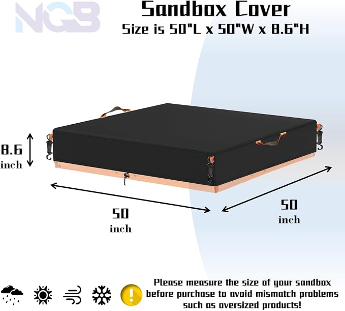 Sandbox Cover, Waterproof Square Sandbox Cover for Sand Prevention, Equipped with Handle, Hook, Bottom Pull Rope Suitable for Children's Outdoor Large Sandbox Cover (Black, 50" L×50" W×8" H)