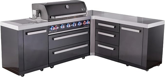 Mont Alpi 94"W x 75"D L-shaped Black Stainless Steel Modular Outdoor Kitchen Island with Infrared Side & Rear Burners + 44"W 6-Burner BBQ Gas Grill + Granite Countertops + Storage Cabinets & Drawers