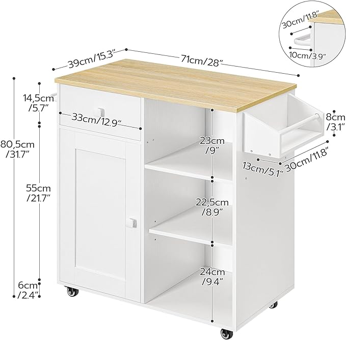 HOOBRO Kitchen Island, Storage Cabinet with Drawer, Kitchen Cart with Spice and Towel Rack, Saving Space, Easy Assembly, for Living Room, White and Natural WN12ZD01
