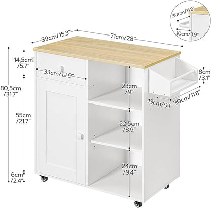 HOOBRO Kitchen Island, Storage Cabinet with Drawer, Kitchen Cart with Spice and Towel Rack, Saving Space, Easy Assembly, for Living Room, White and Natural WN12ZD01