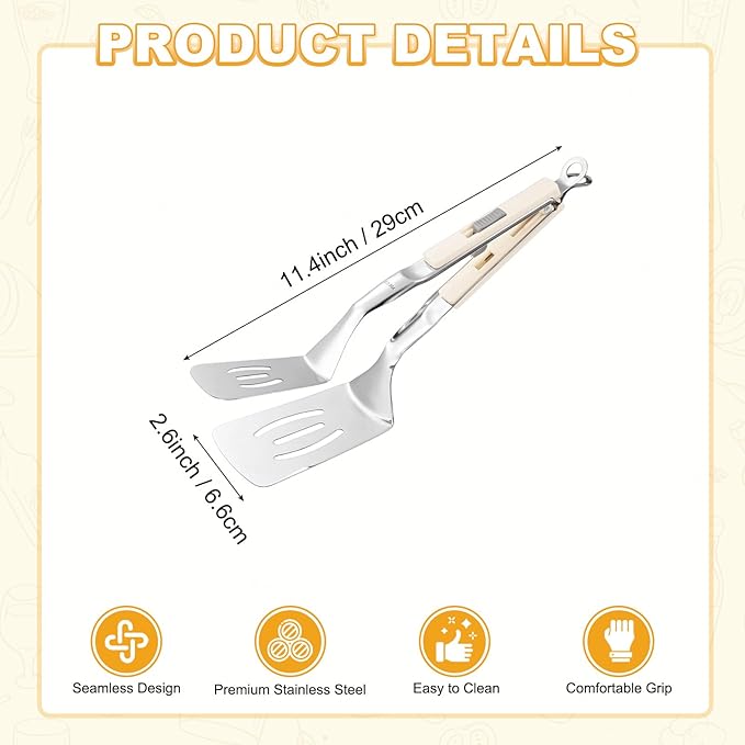 M METERXITY Spatula Tongs, 11.4 Inch 304 Stainless Steel Anti-Scald Multifunctional Flipper Grill Clamp for Cooking/Barbecue, Kitchen Cooking Tongs [White Handle, Silver Tone]