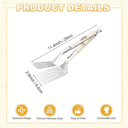 M METERXITY Spatula Tongs, 11.4 Inch 304 Stainless Steel Anti-Scald Multifunctional Flipper Grill Clamp for Cooking/Barbecue, Kitchen Cooking Tongs [White Handle, Silver Tone]