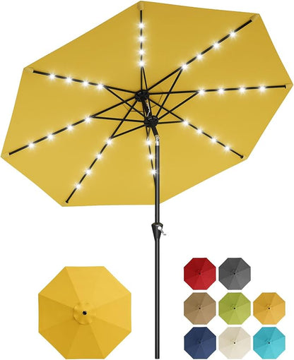 Garvee patio Umbrella with Solar Lights, Outdoor Table Umbrella with 8 Durable Ribs, Tilt & Crank Mechanism, Waterproof & UV Protection for Garden, Backyard, Poolside,