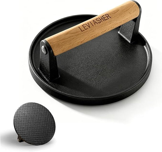 2.3lb Steak Weight & Burger Press, Grid Base, 7" Heavy Duty Cast Iron Grill Press with Wood Handle for Blackstone, Chef, Camp, Panini, Vegetable, Bacon, Sandwich, BBQ