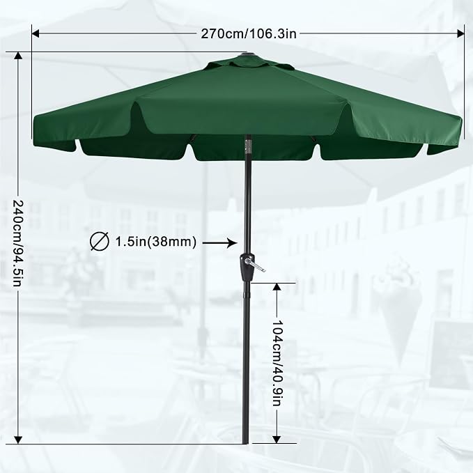 MASTERCANOPY 9ft Patio Umbrella with Valance, Crank & Tilt, Forest Green | 8 ribs, UV/fade-resist, waterproof, vent, for garden/deck/yard/pool