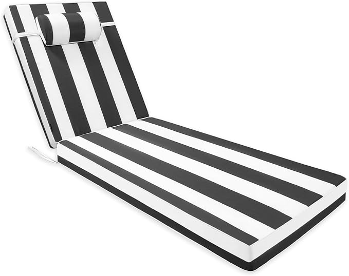 Chaise Lounge Cushion for Outdoor Furniture, Waterproof, Fade-Resistant and Tear Resistant, Patio Lounger Pads with Removable Cover for Pool, Deck, Lawn, 72x21x4 Inch, Black & White Stripe