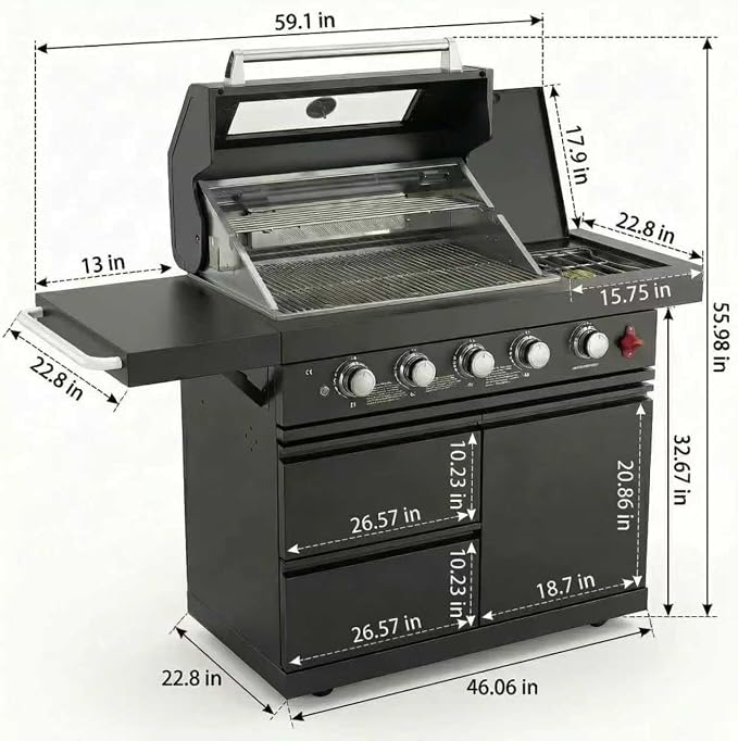 46" Stainless Steel Outdoor Kitchen BBQ Island Grill with LPG Black | Stainless Steel Outdoor Kitchen Island, 6-Burner 75300 BTU Propane Gas BBQ Grill