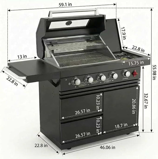 46" Stainless Steel Outdoor Kitchen BBQ Island Grill with LPG Black | Stainless Steel Outdoor Kitchen Island, 6-Burner 75300 BTU Propane Gas BBQ Grill
