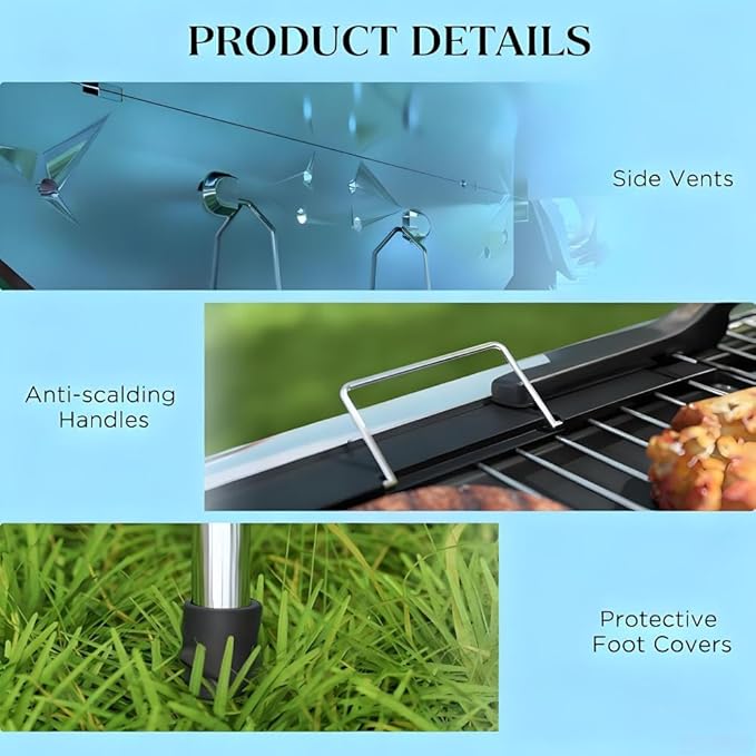 Portable Charcoal Barbecue Grill with Storage, Folding Small BBQ for Camping Tailgating Picnic, Includes Grill Grate and Non-Stick Pan, Stainless Steel Outdoor Cooker with Air Vents